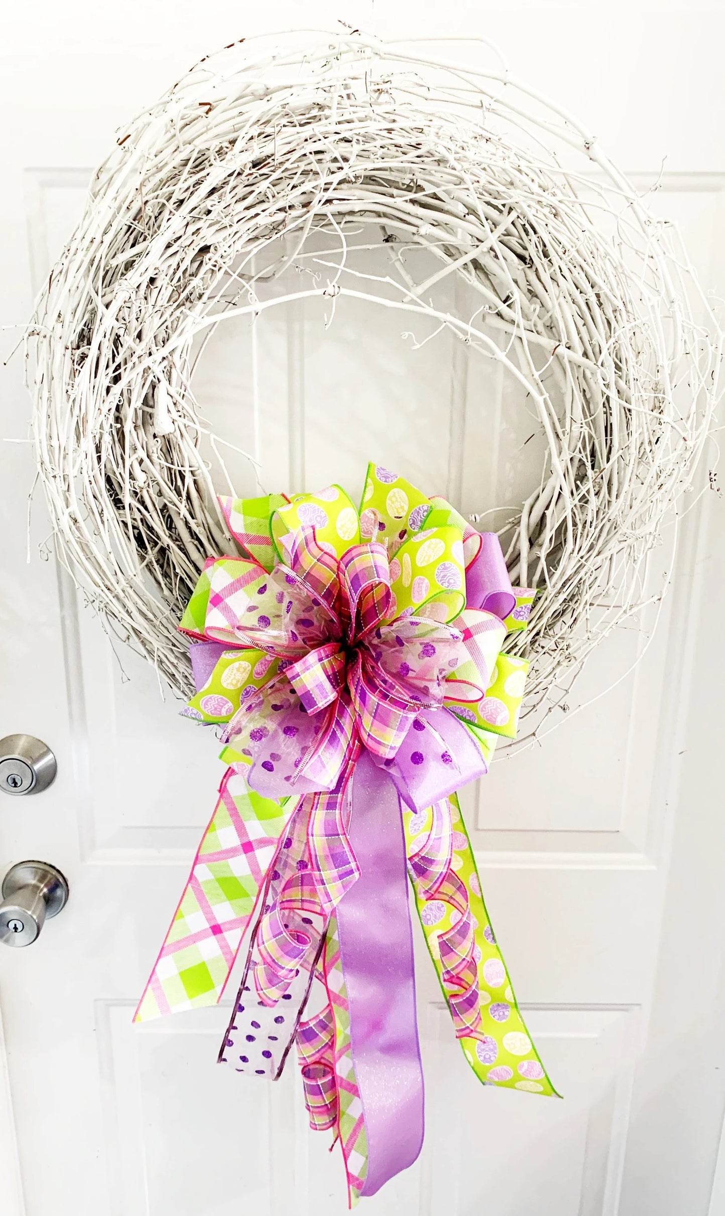 Easter Bow in Light Green and Purple, Featuring Multipattern and Sheer Ribbon. Perfect for Mailbox, Door, and Wreath.