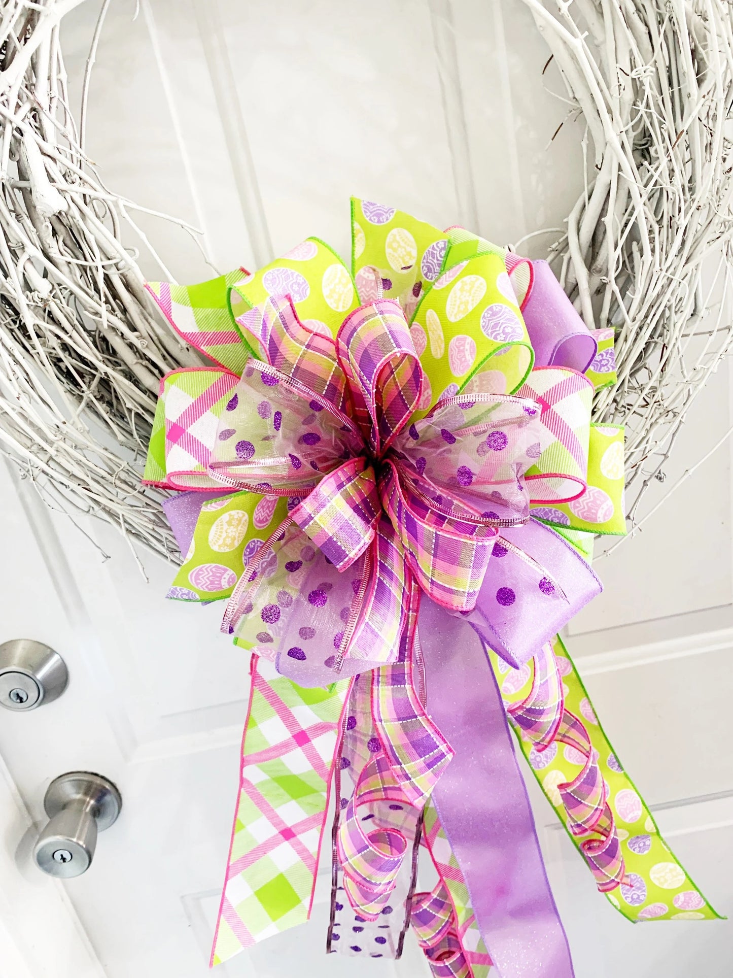 Easter Bow in Light Green and Purple, Featuring Multipattern and Sheer Ribbon. Perfect for Mailbox, Door, and Wreath.