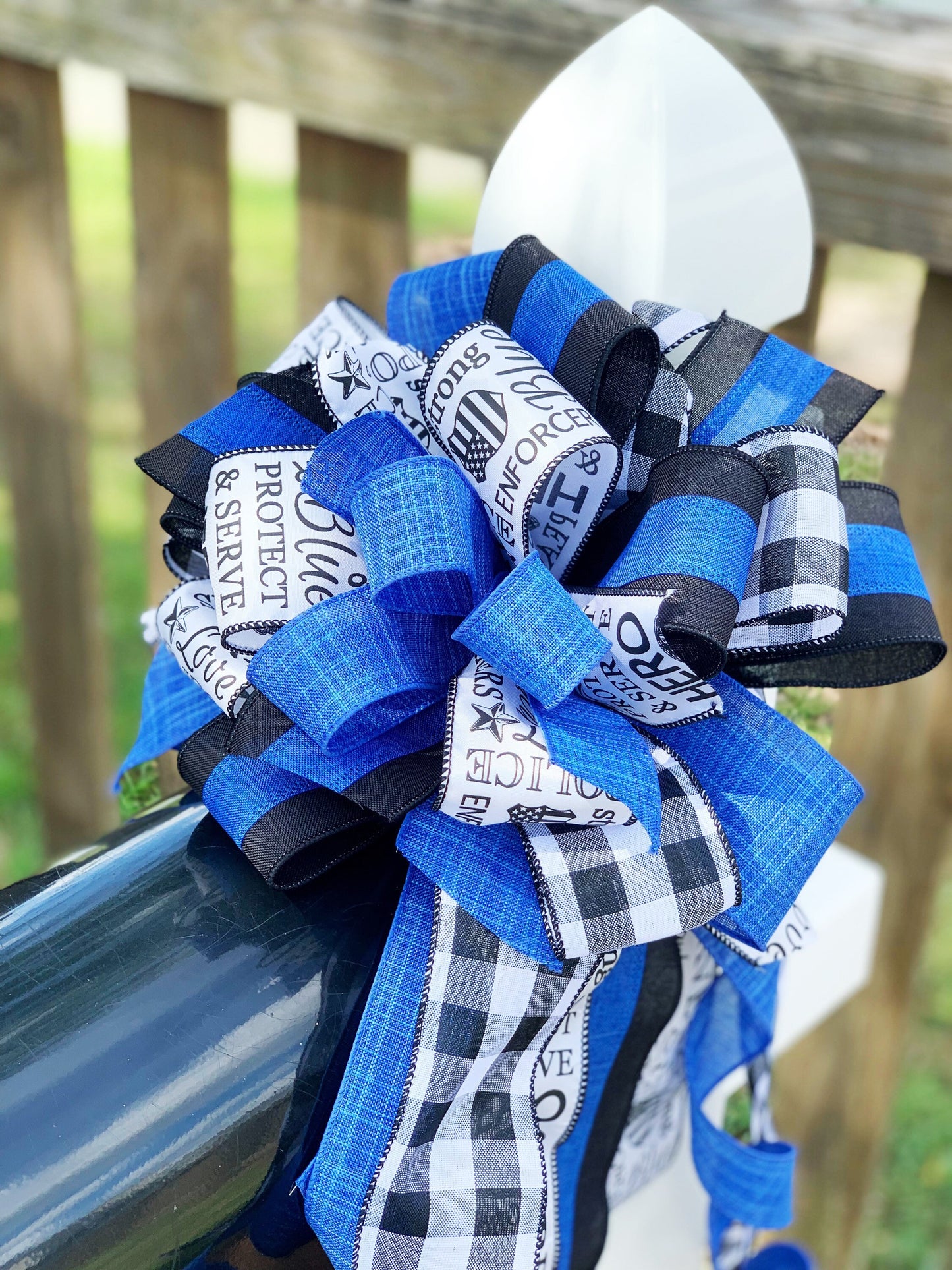 Back the Blue Bow in Black, White, and Blue Featuring 'Police' Print. Perfect for any Mailbox, Door, and Wreath.