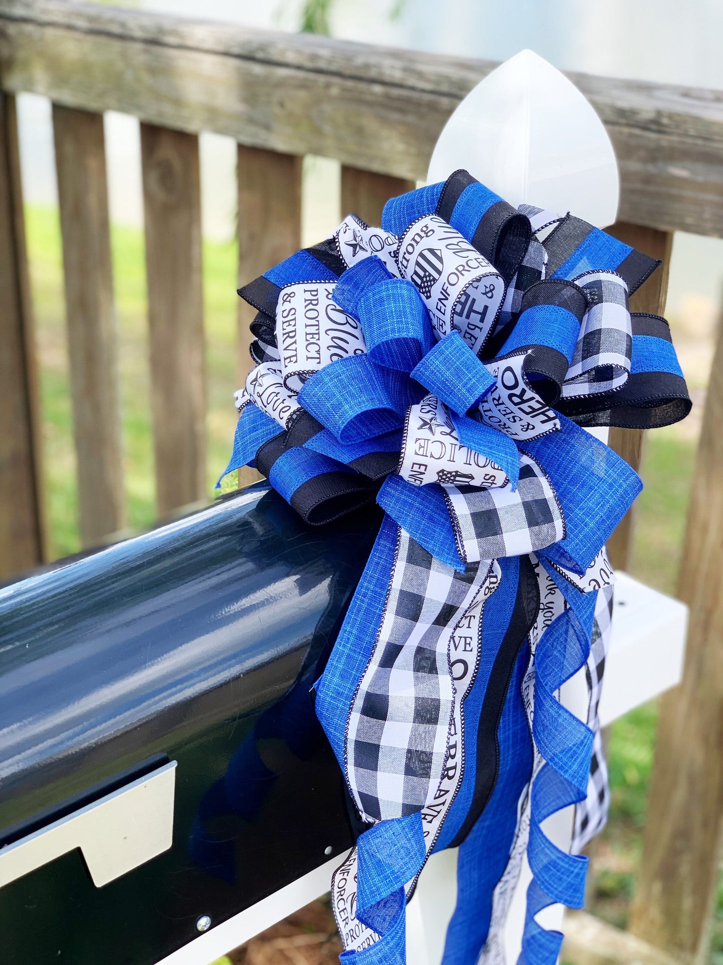 Back the Blue Bow in Black, White, and Blue Featuring 'Police' Print. Perfect for any Mailbox, Door, and Wreath.