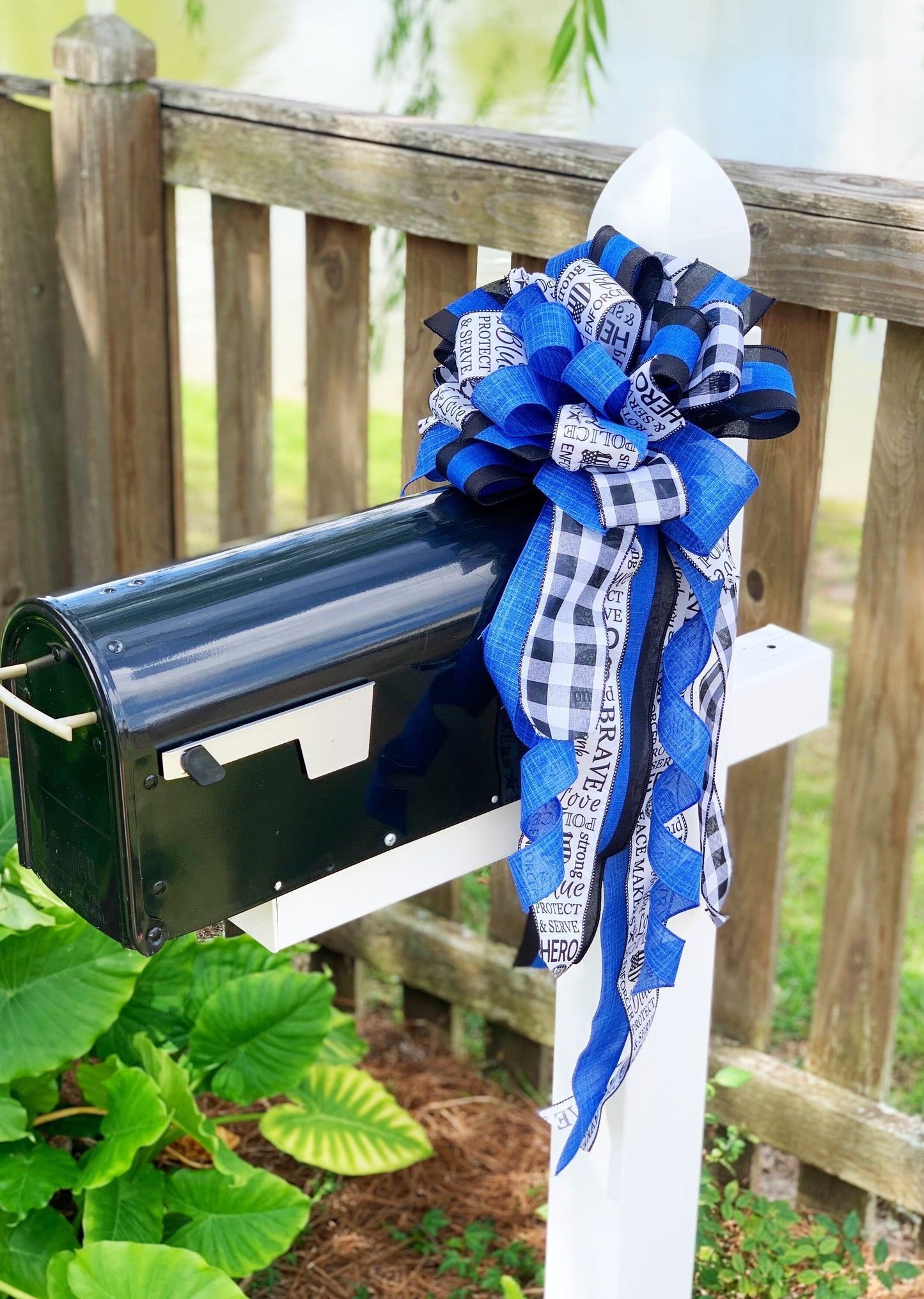 Back the Blue Bow in Black, White, and Blue Featuring 'Police' Print. Perfect for any Mailbox, Door, and Wreath.