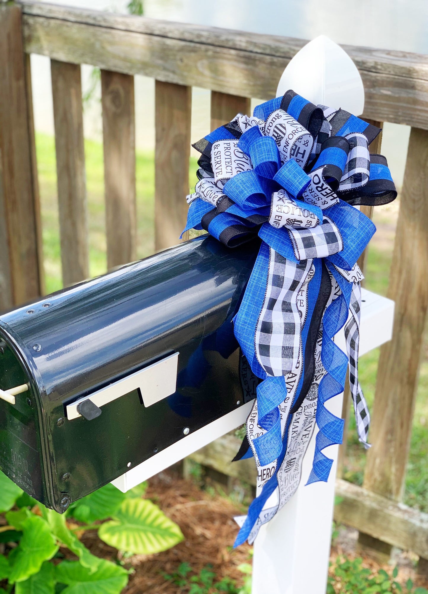 Back the Blue Bow in Black, White, and Blue Featuring 'Police' Print. Perfect for any Mailbox, Door, and Wreath.