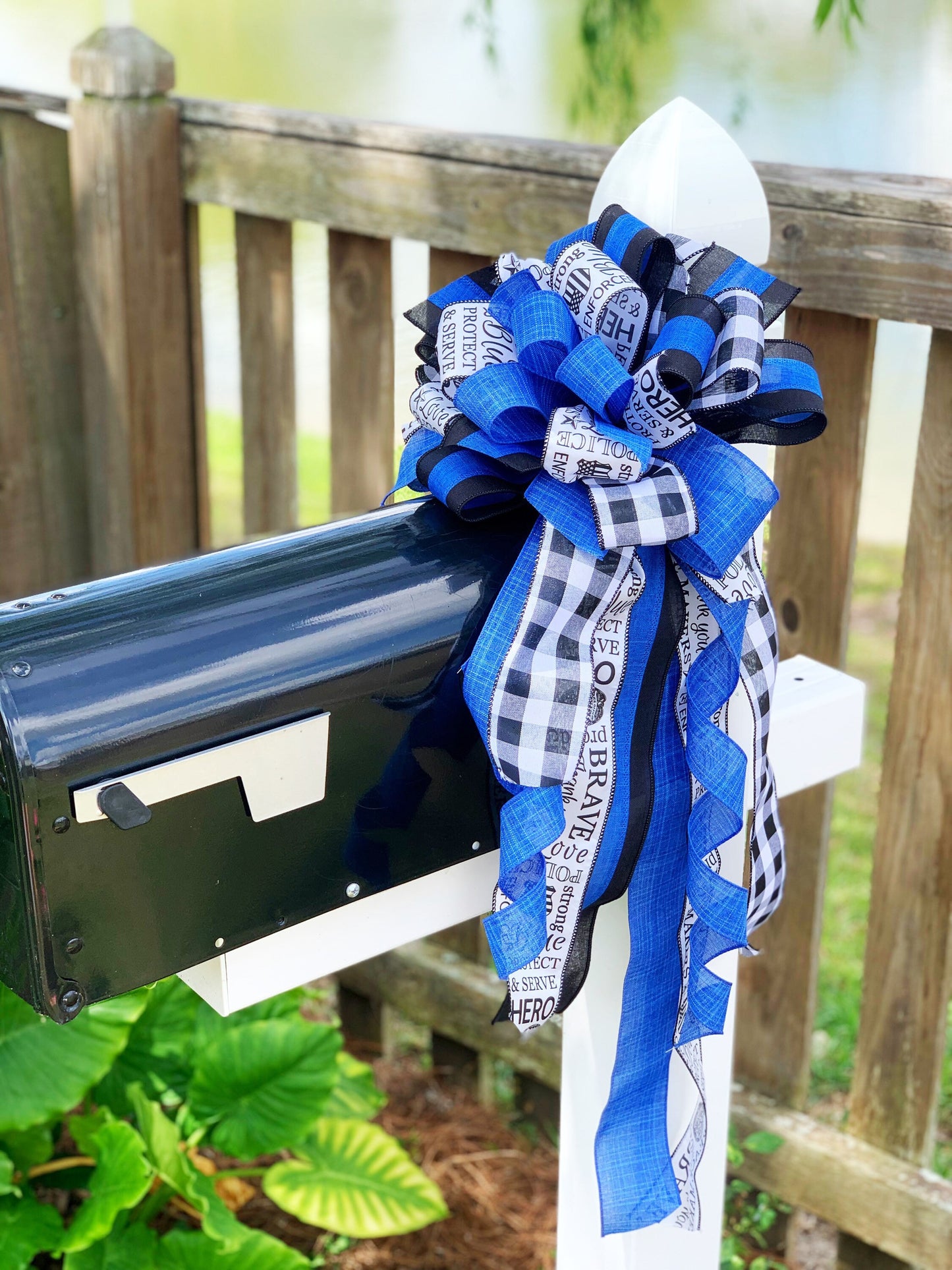 Back the Blue Bow in Black, White, and Blue Featuring 'Police' Print. Perfect for any Mailbox, Door, and Wreath.