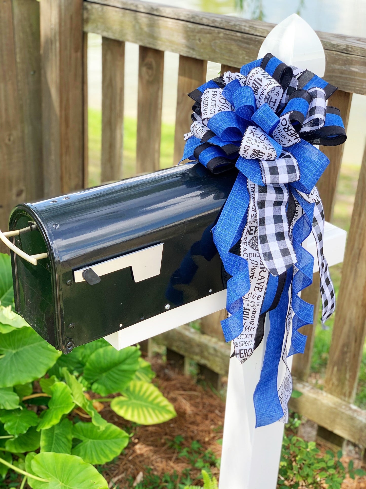 Back the Blue Bow in Black, White, and Blue Featuring 'Police' Print. Perfect for any Mailbox, Door, and Wreath.