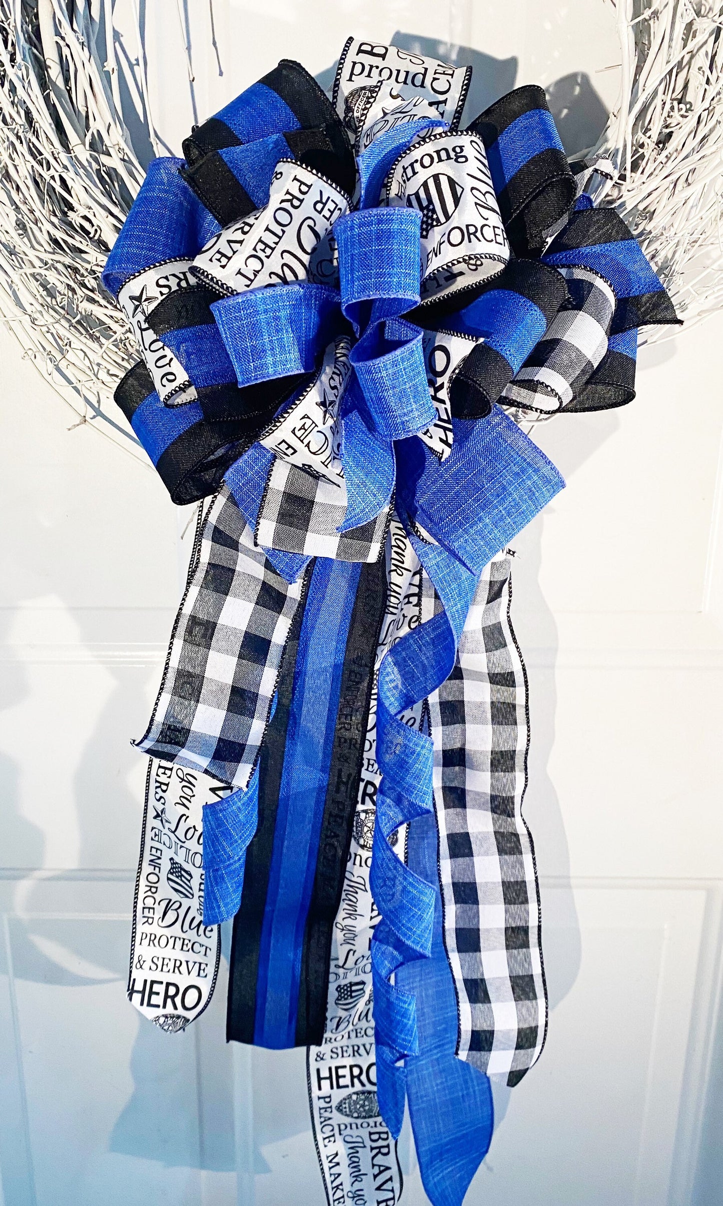 Back the Blue Bow in Black, White, and Blue Featuring 'Police' Print. Perfect for any Mailbox, Door, and Wreath.