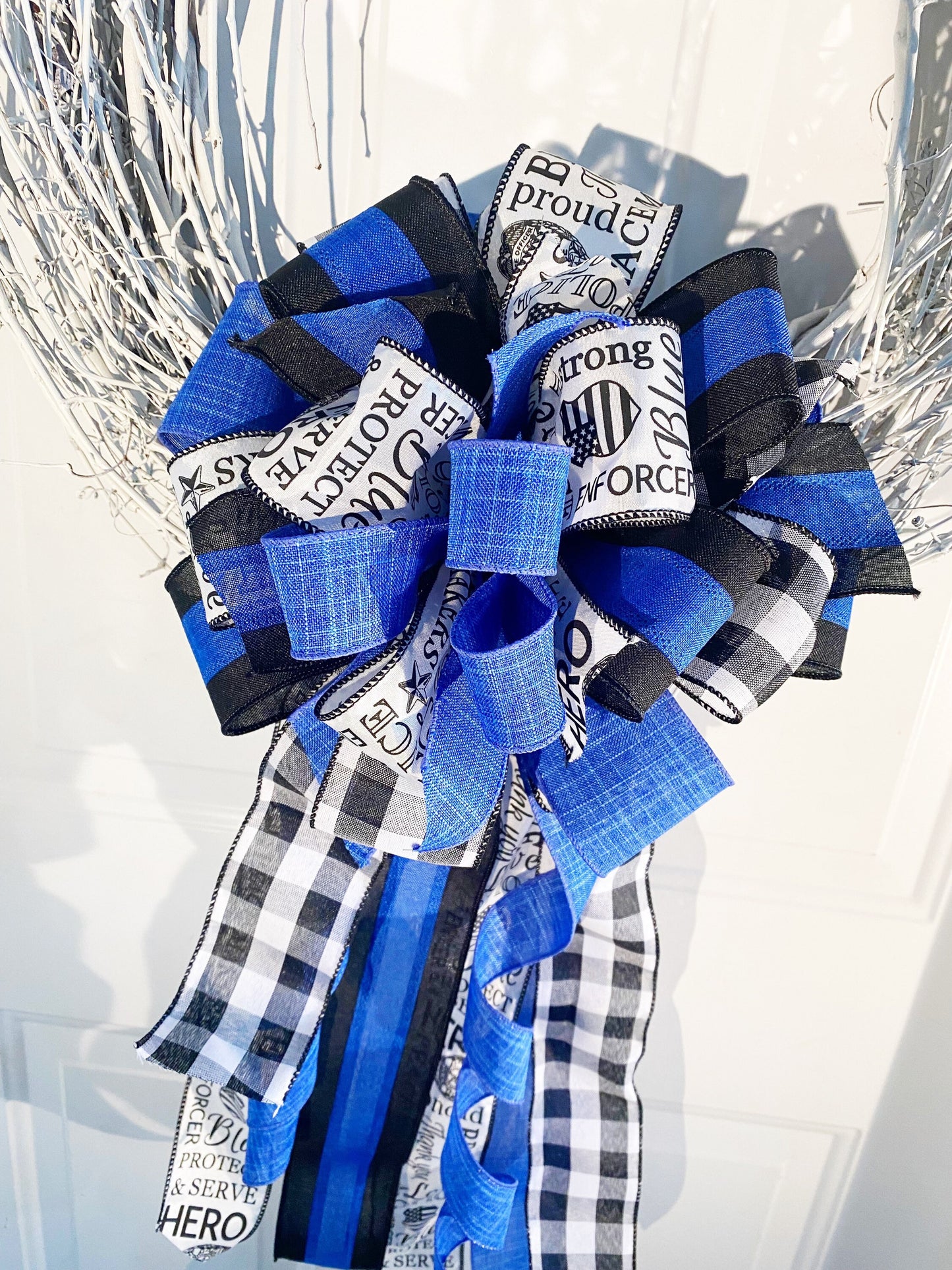 Back the Blue Bow in Black, White, and Blue Featuring 'Police' Print. Perfect for any Mailbox, Door, and Wreath.