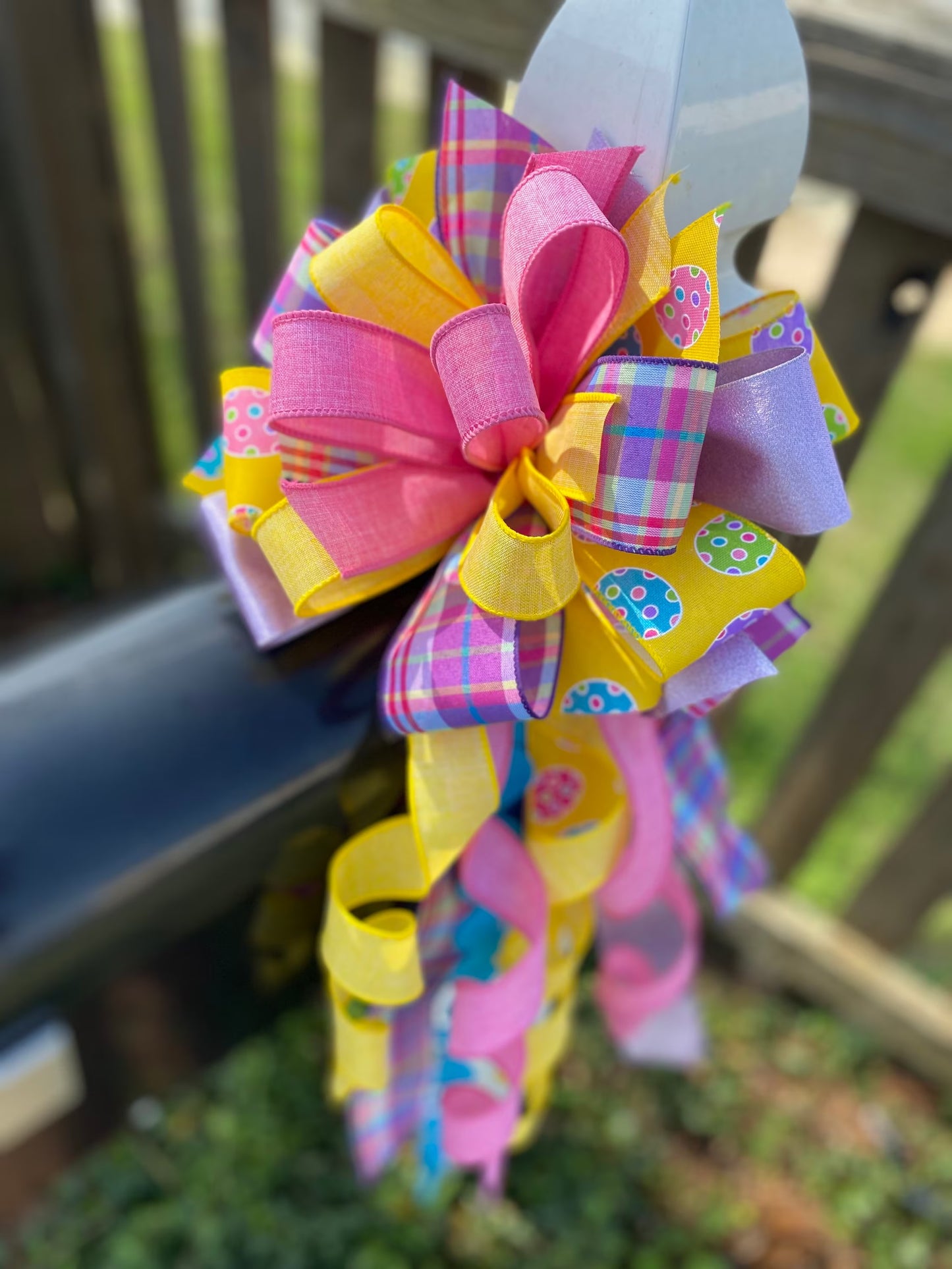 Easter Bow in Yellow, Lavender, and Pink with Multipattern Ribbon, Featuring Eggs. Perfect for Mailbox, Door, and Wreath.