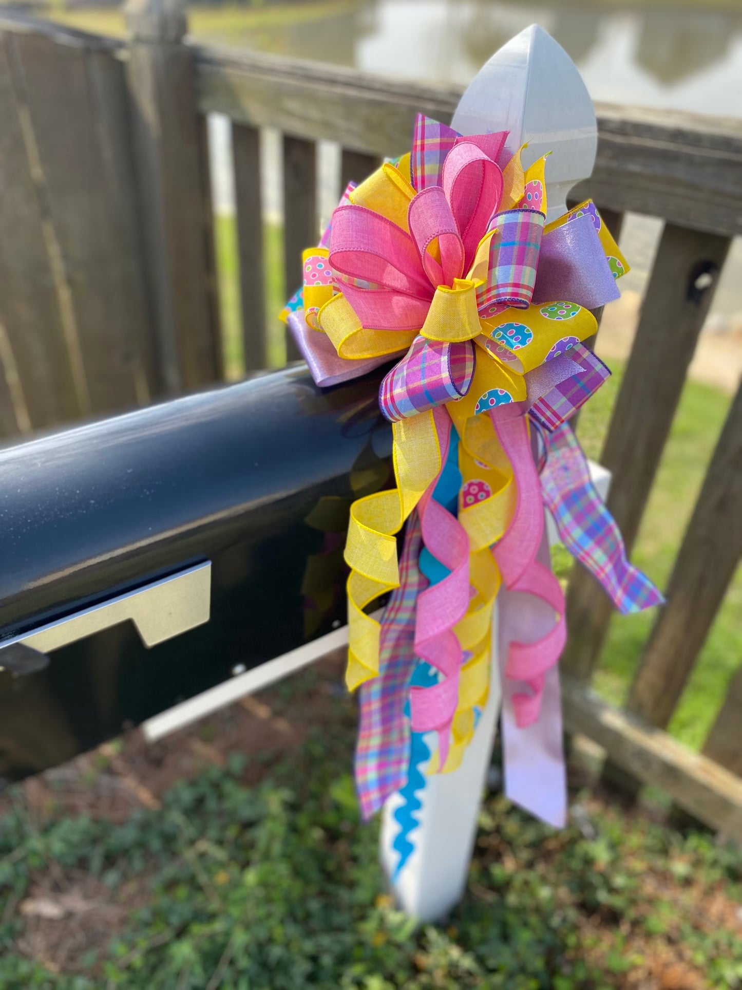 Easter Bow in Yellow, Lavender, and Pink with Multipattern Ribbon, Featuring Eggs. Perfect for Mailbox, Door, and Wreath.