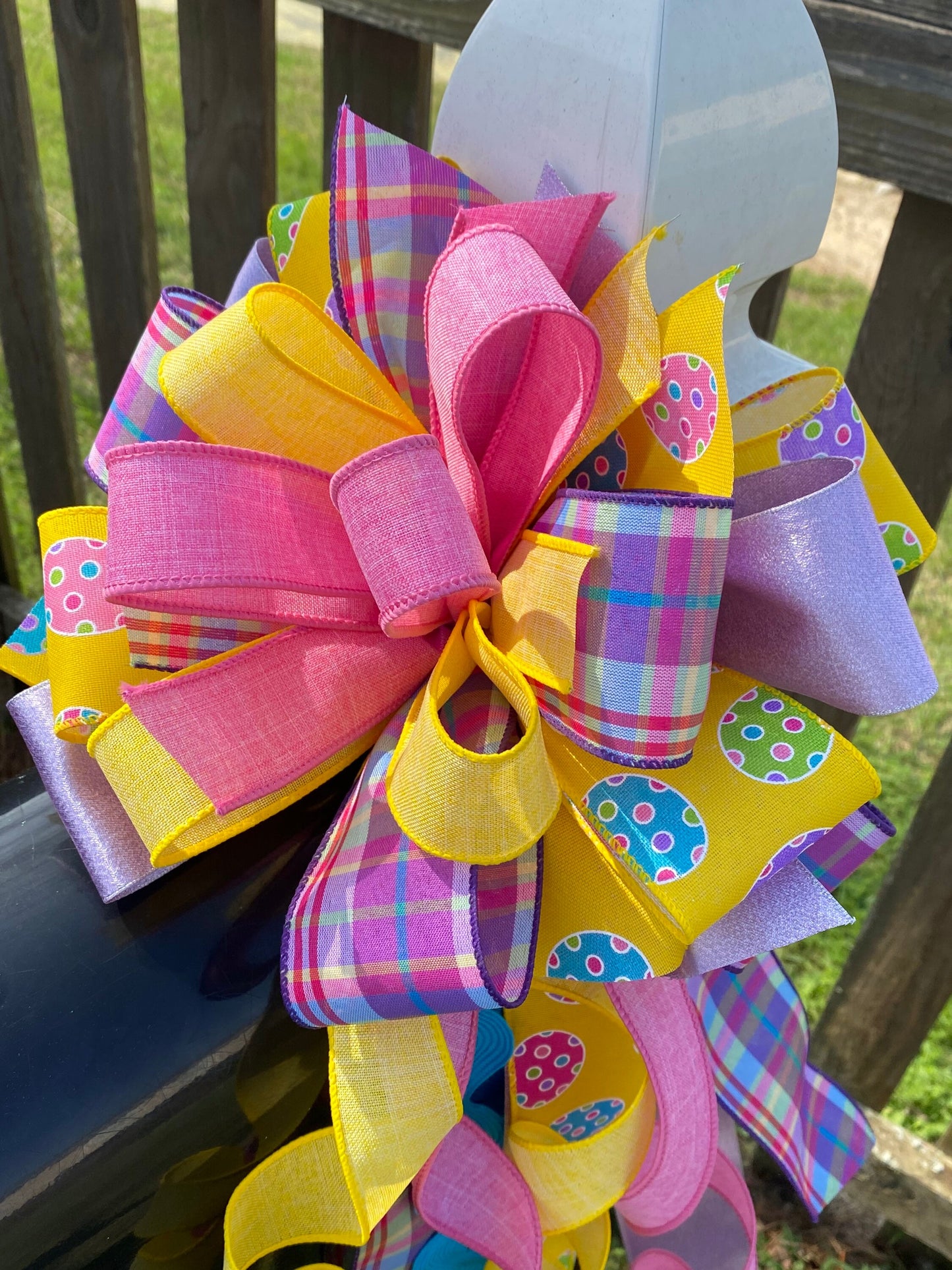 Easter Bow in Yellow, Lavender, and Pink with Multipattern Ribbon, Featuring Eggs. Perfect for Mailbox, Door, and Wreath.