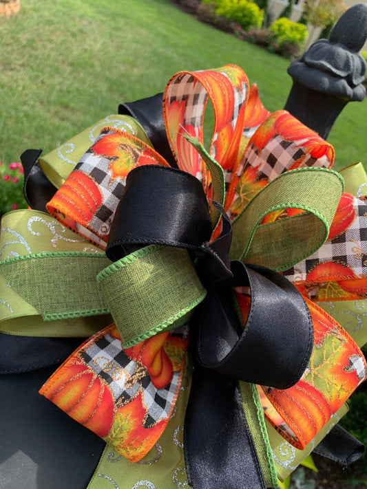 Fall Collection- Pumpkin Black/White Check Bow, Fall Bow, Fall Decor, Fall Ribbon, Mailbox Bow, Wreath Bow, Large Bow, Bow, Bows