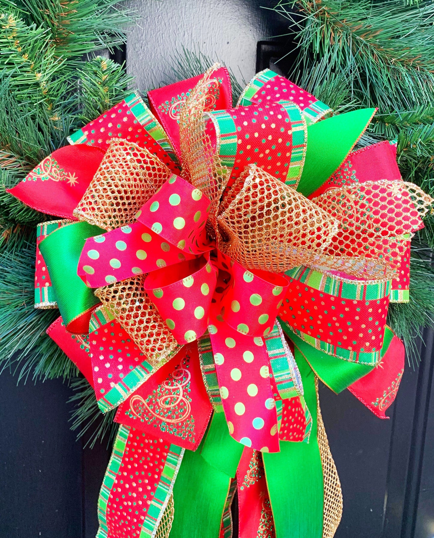 Christmas Bow in Red and Green Featuring Christmas Tree Bow. Perfect for Mailbox, Door, and Wreath.