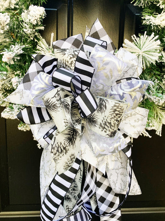 Winter Collection- Pine cones Black/White Bow, Winter Bow, Pinecones Bow, Winter Wreath Bow, Winter Mailbox Bow, Large Winter Bow