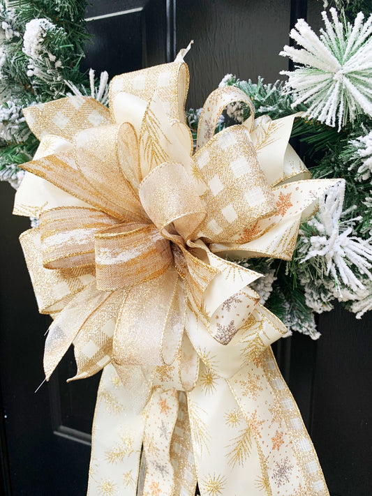 Winter Collection- Gold Snowflake Bow, Gold Bow, Wreath Bow, Mailbox Bow, Gift Bow, Garland Bow, Snowflake, Snowflake Bow