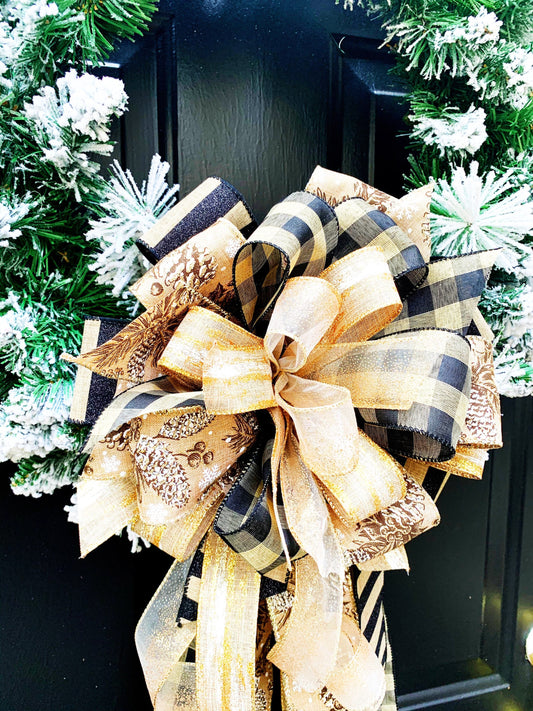 Winter Collection- Pinecone Bow, Mailbox Bow, Wreath Bow, Winter Bow, Black and Gold Bow, Large Bow, Gift Bow