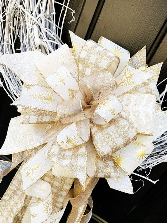 Everyday Collection - White/Gold Bow, Gold Bow, White Bow,Sympathy Bow,Winter Bow,Mailbox Bow,Gift Bow,Wreath Bow,Mailbox Bow,Large Bow