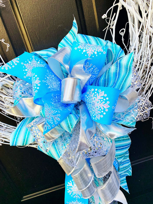 Winter Collection - Blue Bow, Snowflakes Bow, Blue/White Bow, Holiday Bow, Winter Bow, Mailbox Bow, Wreath Bow, Large Bow, Bows, Bow