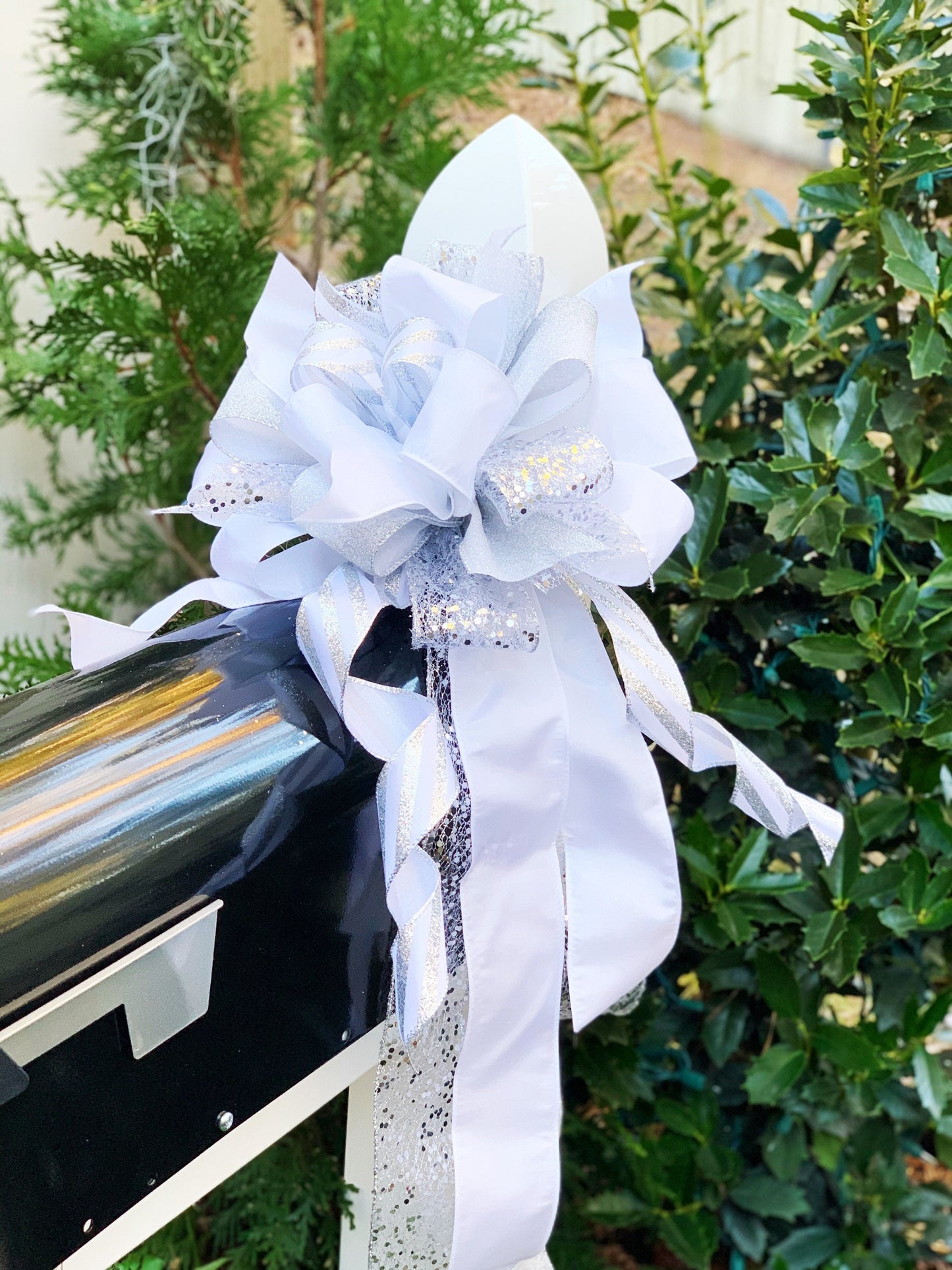 Sympathy Collection - Sympathy Bow,Mailbox Bow,Wreath Bow,Bow,Bows,White Bow,White/Silver Bow,Holiday Bow, Christmas Bow,Silver Bow,Silver