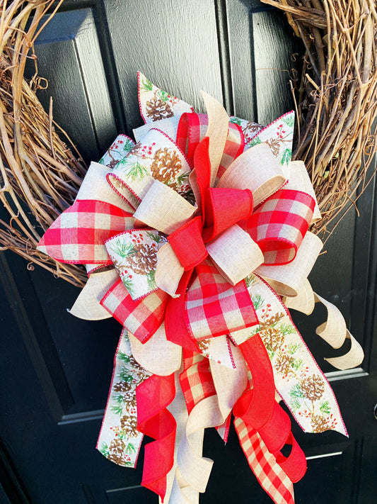 Winter Collection - Winter,Winter Bow,Pinecones,Pinecones Bow,Pinecones Ribbon,Mailbox Bow,Wreath Bow,Large Bow,Gift Bow,Gift Basket Bow