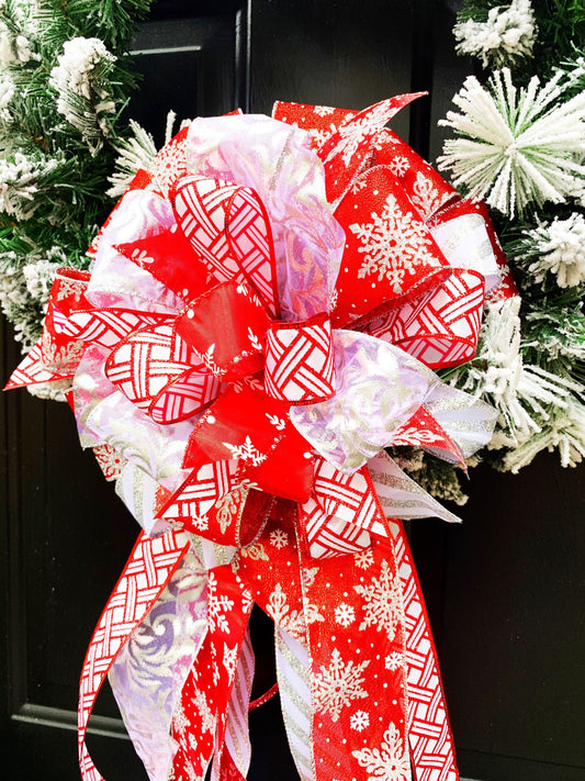 Winter Collection- Snowflake Bow, Winter Bow, Snowflake Winter Bow, Red Bow, Winter Mailbox Bow, Winter Wreath Bow,Large Bow, Red/Silver Bow