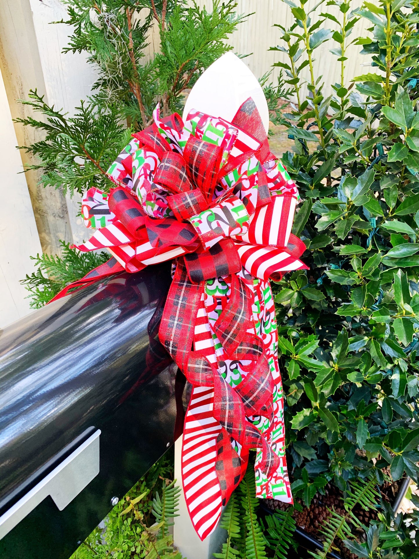 Christmas Countdown Bow Featuring Multipattern Ribbons. Perfect for Mailbox, Door, and Wreath.