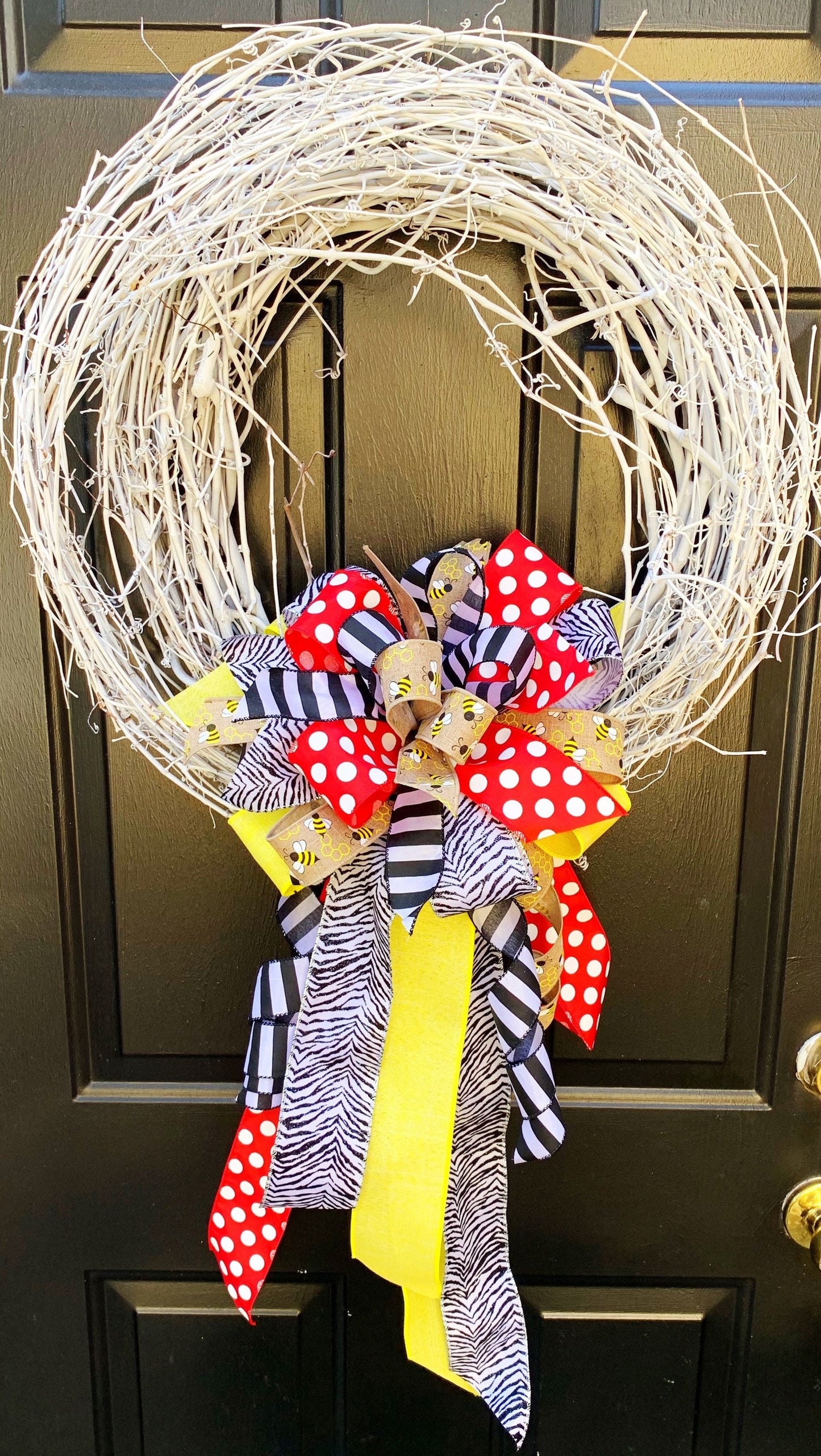 Spring Bow in Multicolors with Zebra & Polka Dot Patterns Featuring Bees. Perfect for Mailbox, Door, and Wreath.