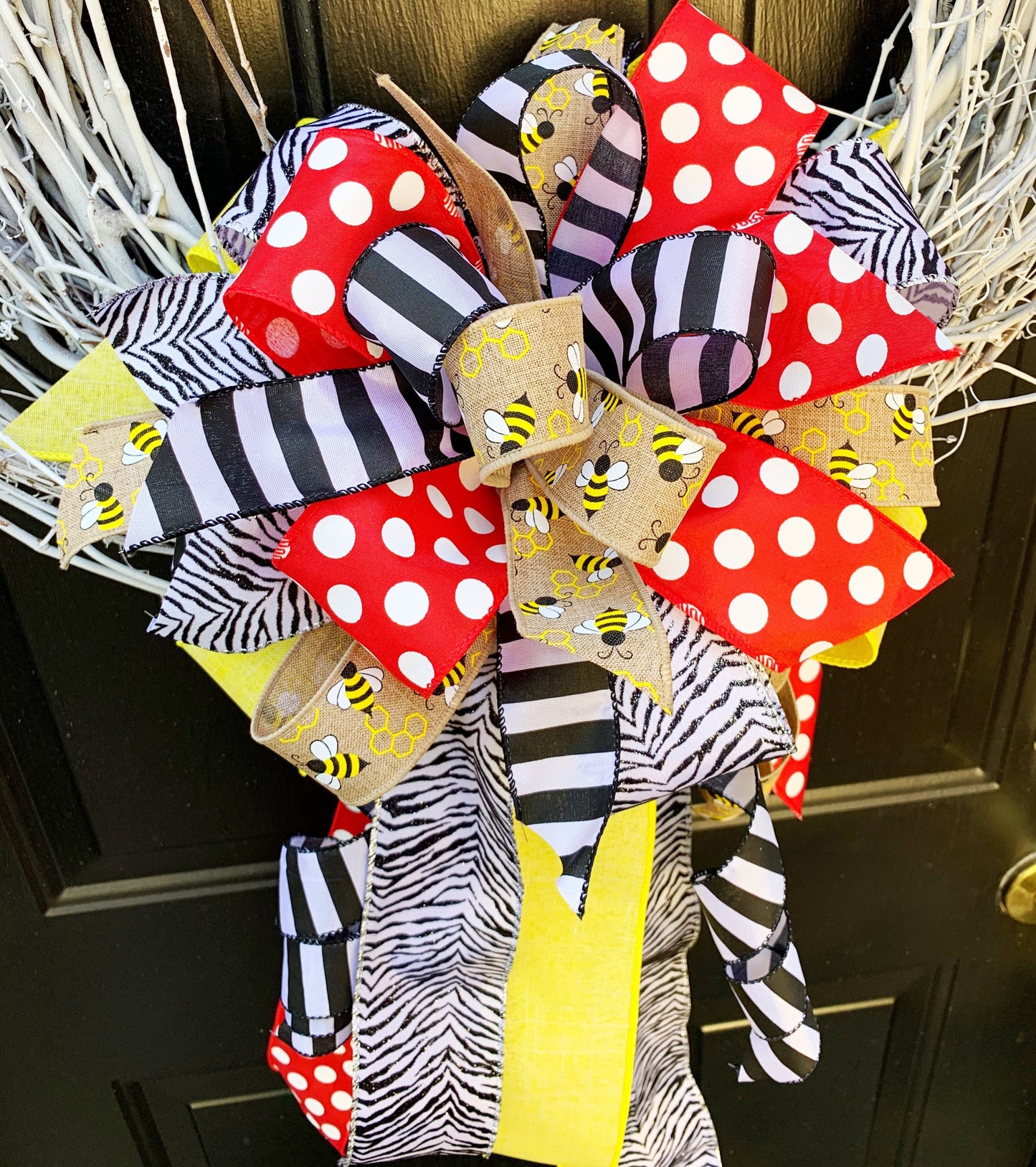 Spring Bow in Multicolors with Zebra & Polka Dot Patterns Featuring Bees. Perfect for Mailbox, Door, and Wreath.