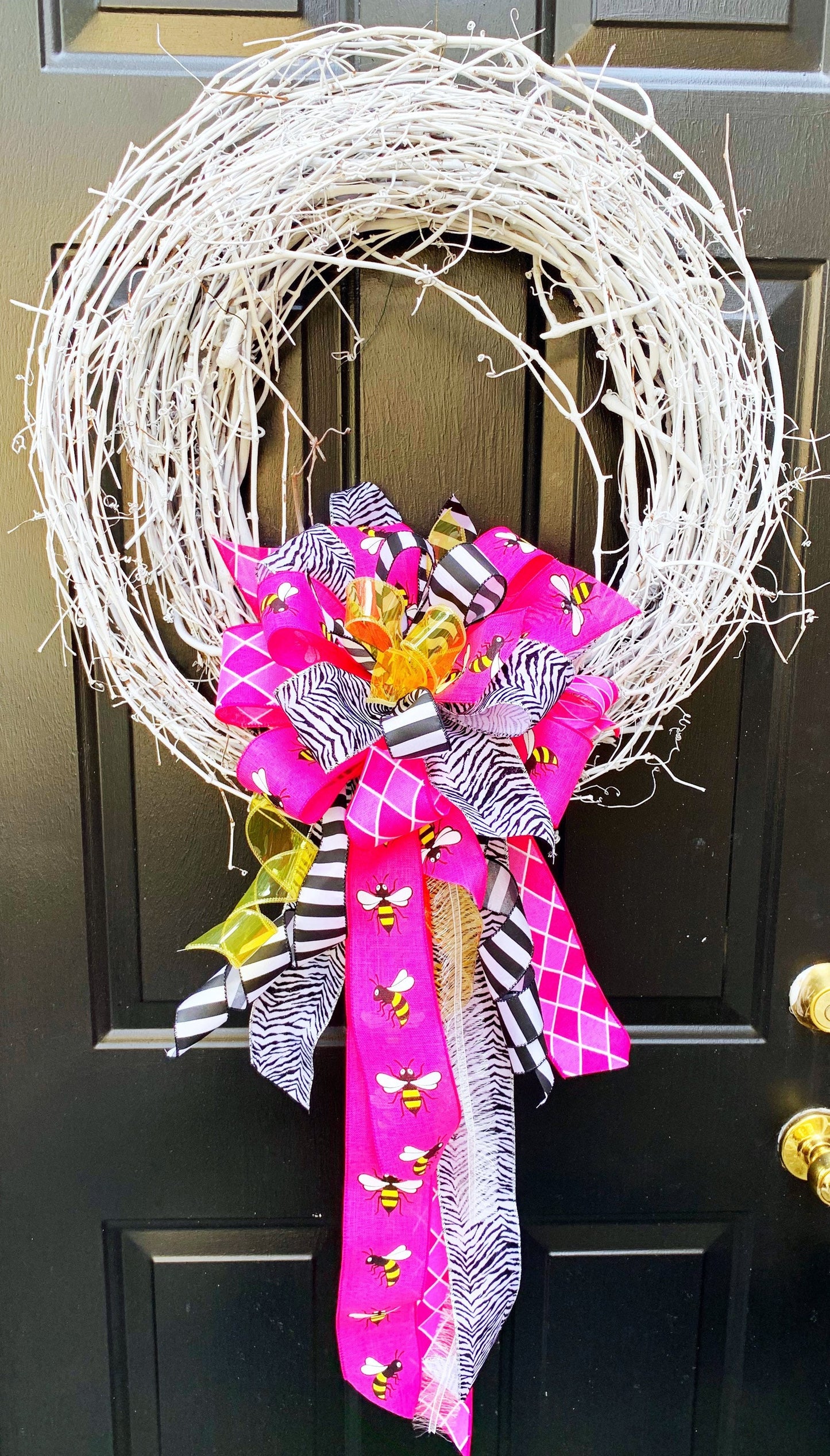 Bee Bow in Pink and Zebra Print. Perfect for Mailbox, Door, and Wreath.