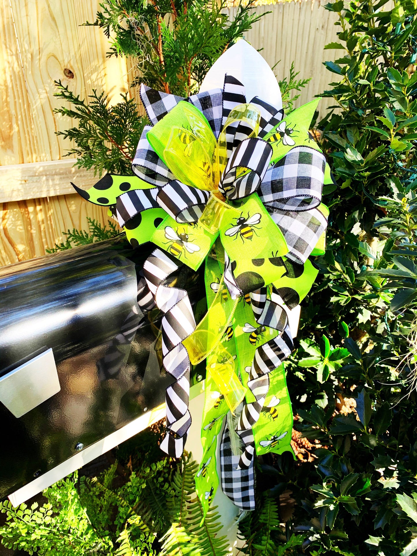 Spring Bow in Yellow and Black & White Pattern Featuring Bumble Bees. Perfect for Mailbox, Door, and Wreath.