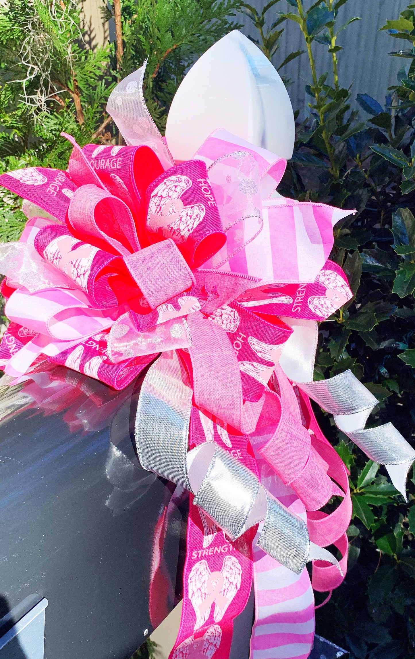 Breast Cancer Awareness Bow in Shades of Pink. Perfect for Mailbox, Door, and Wreath.