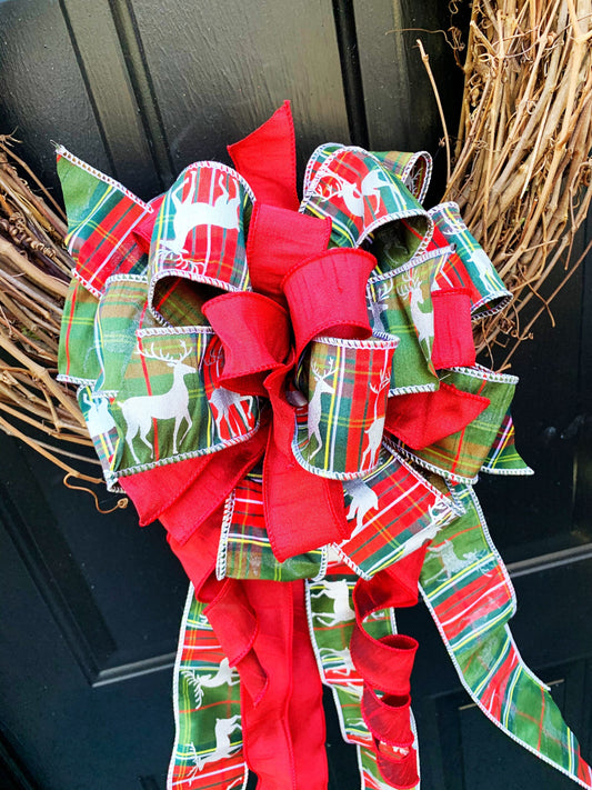 Christmas Bow in Red and Green Multipattern Ribbon Featuring Deer Ribbon. Perfect for Mailbox, Door, and Wreath.