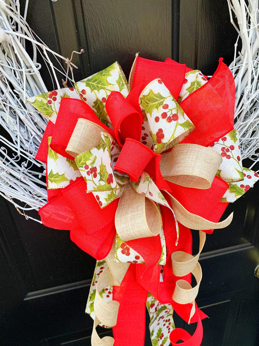 Christmas Bow in Red and Beige Featuring Holly Ribbon. Perfect for Mailbox, Door, and Wreath.
