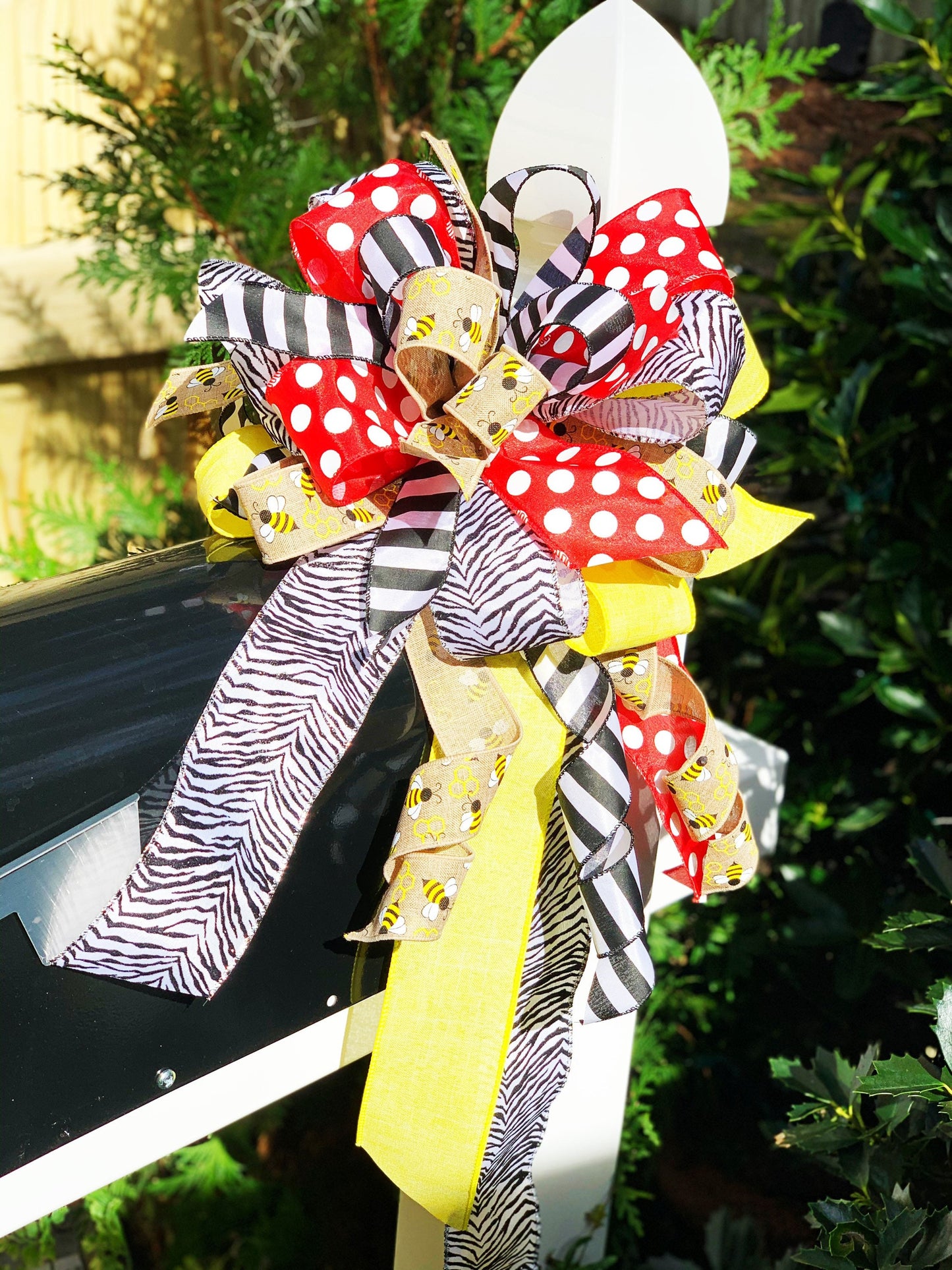 Spring Bow in Multicolors with Zebra & Polka Dot Patterns Featuring Bees. Perfect for Mailbox, Door, and Wreath.