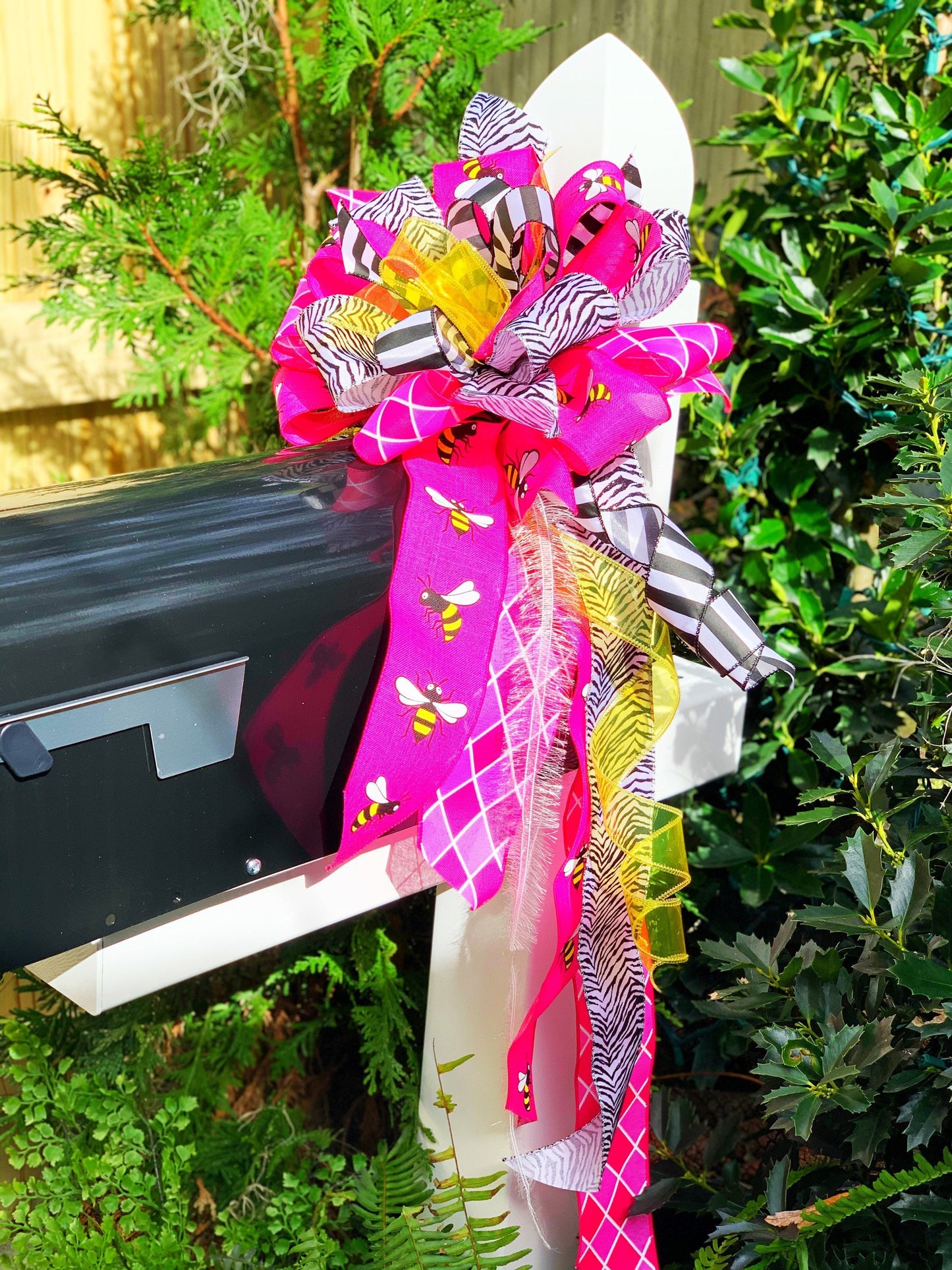 Bee Bow in Pink and Zebra Print. Perfect for Mailbox, Door, and Wreath.