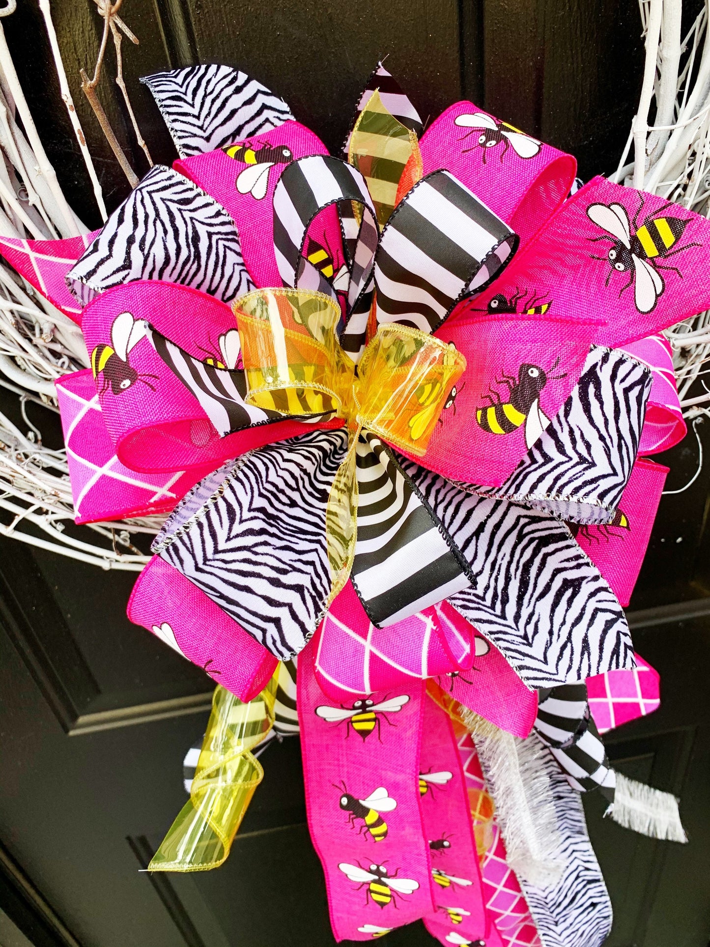 Bee Bow in Pink and Zebra Print. Perfect for Mailbox, Door, and Wreath.