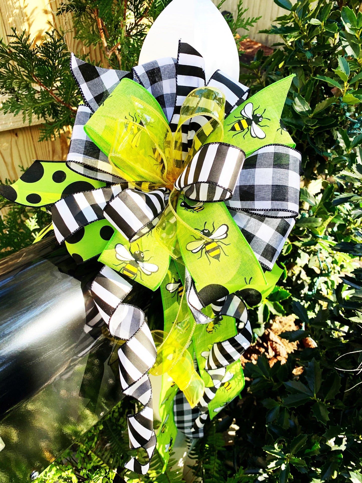 Spring Bow in Yellow and Black & White Pattern Featuring Bumble Bees. Perfect for Mailbox, Door, and Wreath.