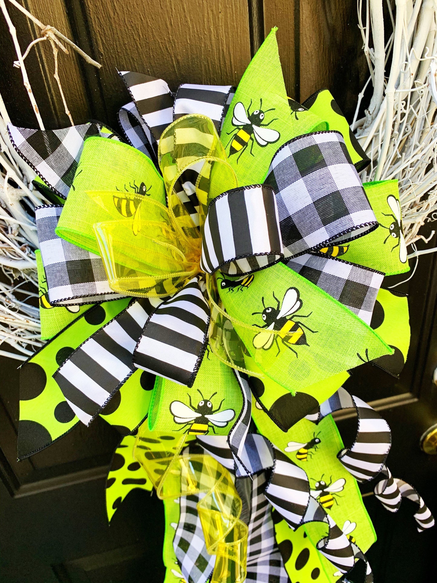 Spring Bow in Yellow and Black & White Pattern Featuring Bumble Bees. Perfect for Mailbox, Door, and Wreath.