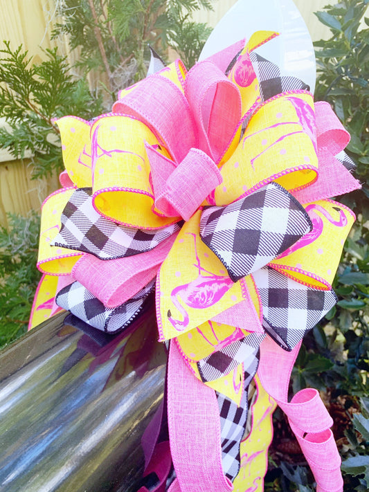 Summer Collection - Pink Flamingo, Pink Flamingo Bow, Pink Bow, Pink Flamingos, Yellow Bow, Wreath Bow, Large Bow, Mailbox Bow, Bows, Bow