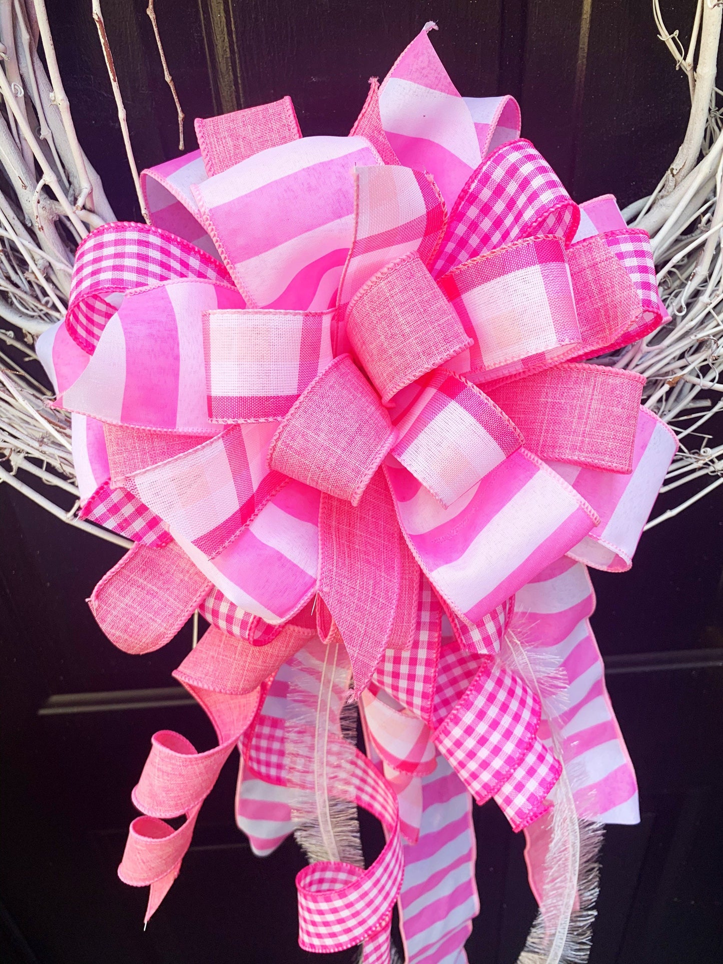 Baby Girl Bow in Pink and White Mixed Patterns. Perfect for Mailbox, Door, and Wreath.