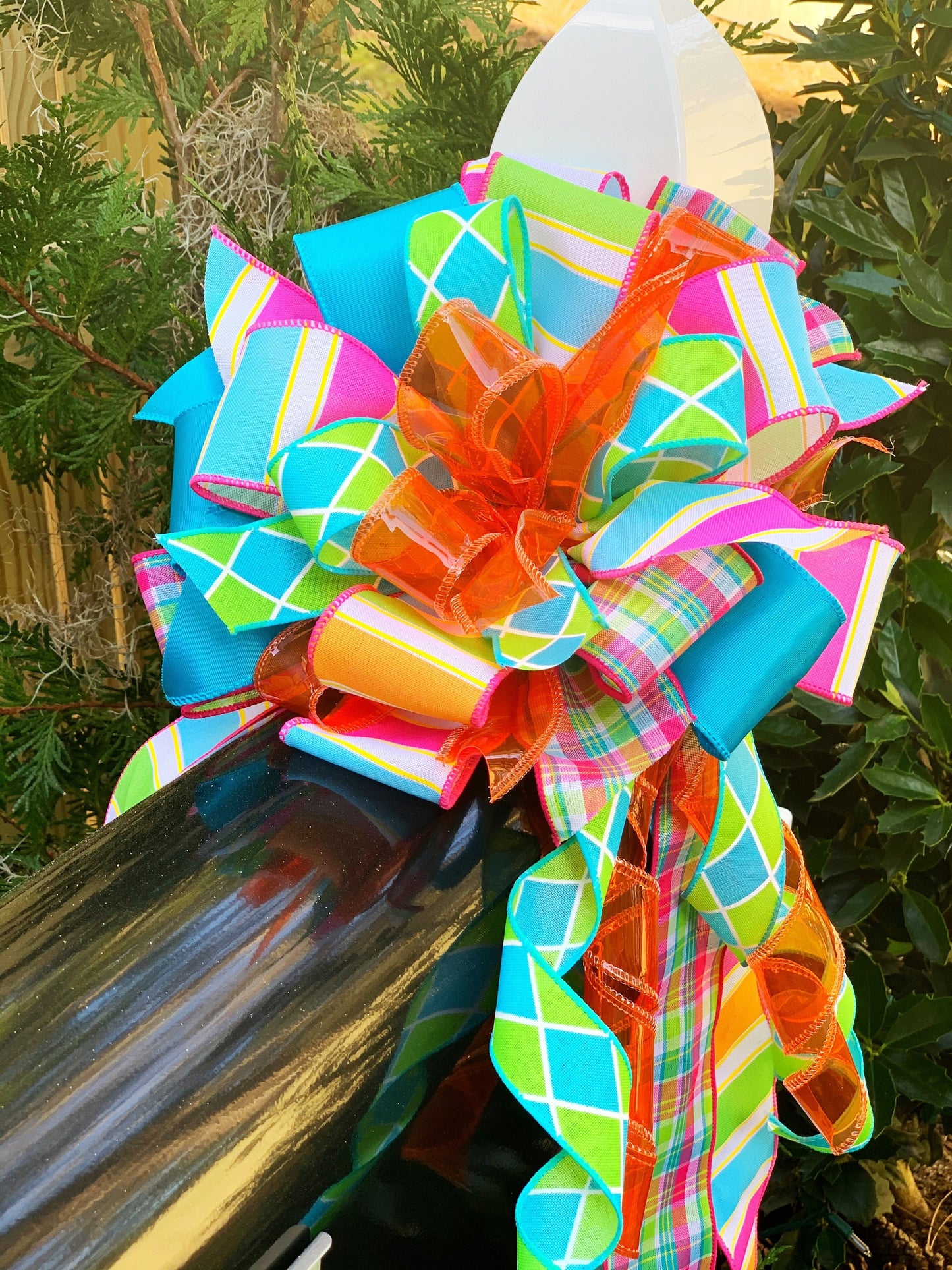 Bright Blue, Orange, and Purple Bow with Multiple Patterns. Perfect for Mailbox, Door, and Wreath.