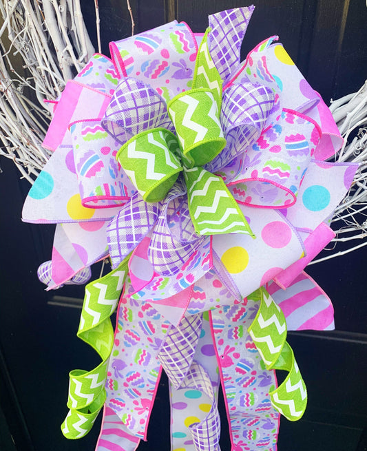 Easter Bow in Lilac, Green, and Pink Featuring Multipattern and Easter Egg Ribbon. Perfect for Mailbox, Door, and Wreath.