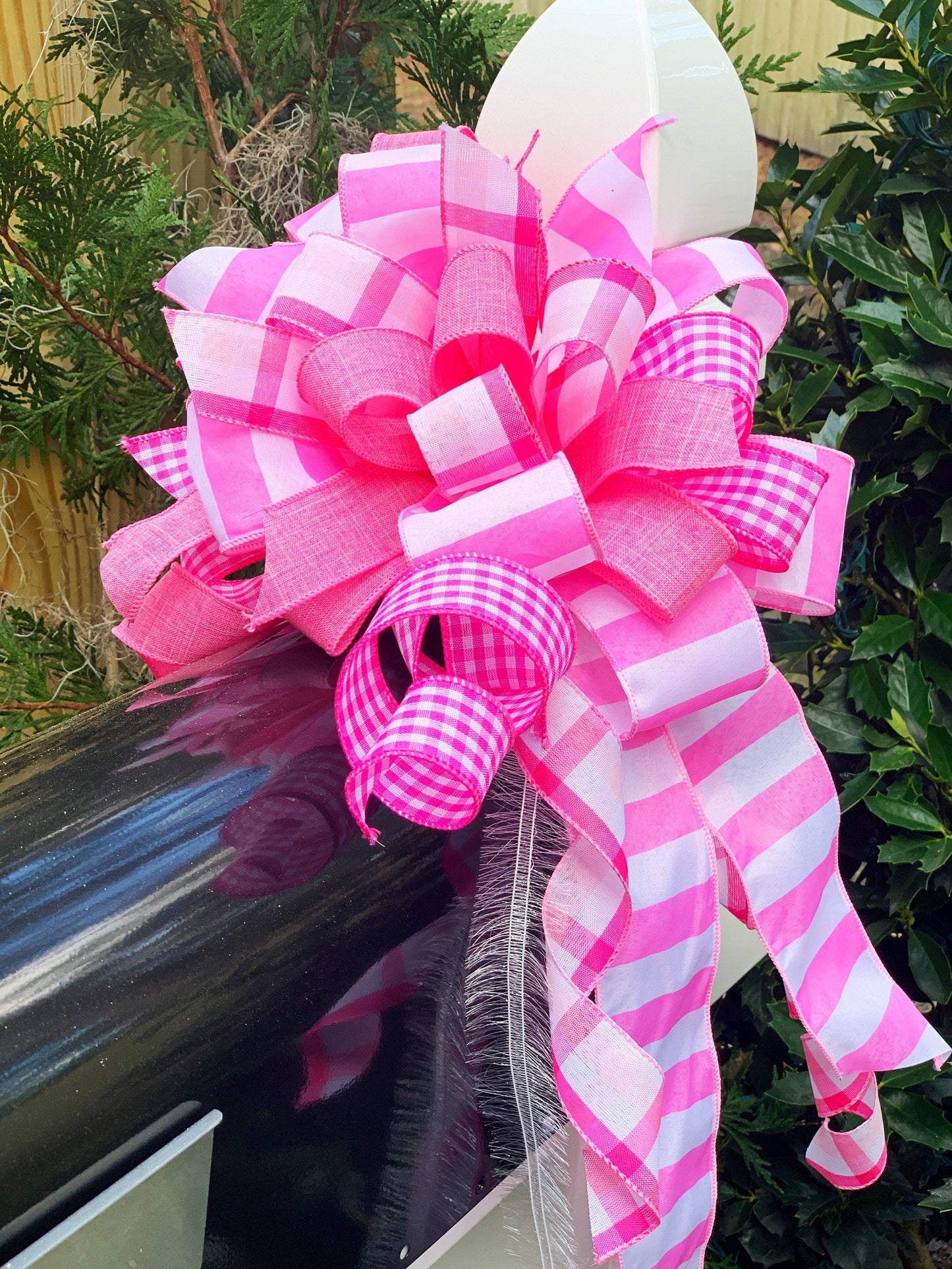 Baby Girl Bow in Pink and White Mixed Patterns. Perfect for Mailbox, Door, and Wreath.