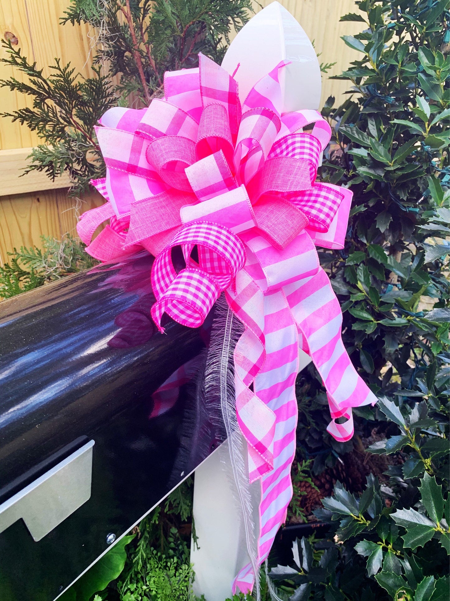 Baby Girl Bow in Pink and White Mixed Patterns. Perfect for Mailbox, Door, and Wreath.