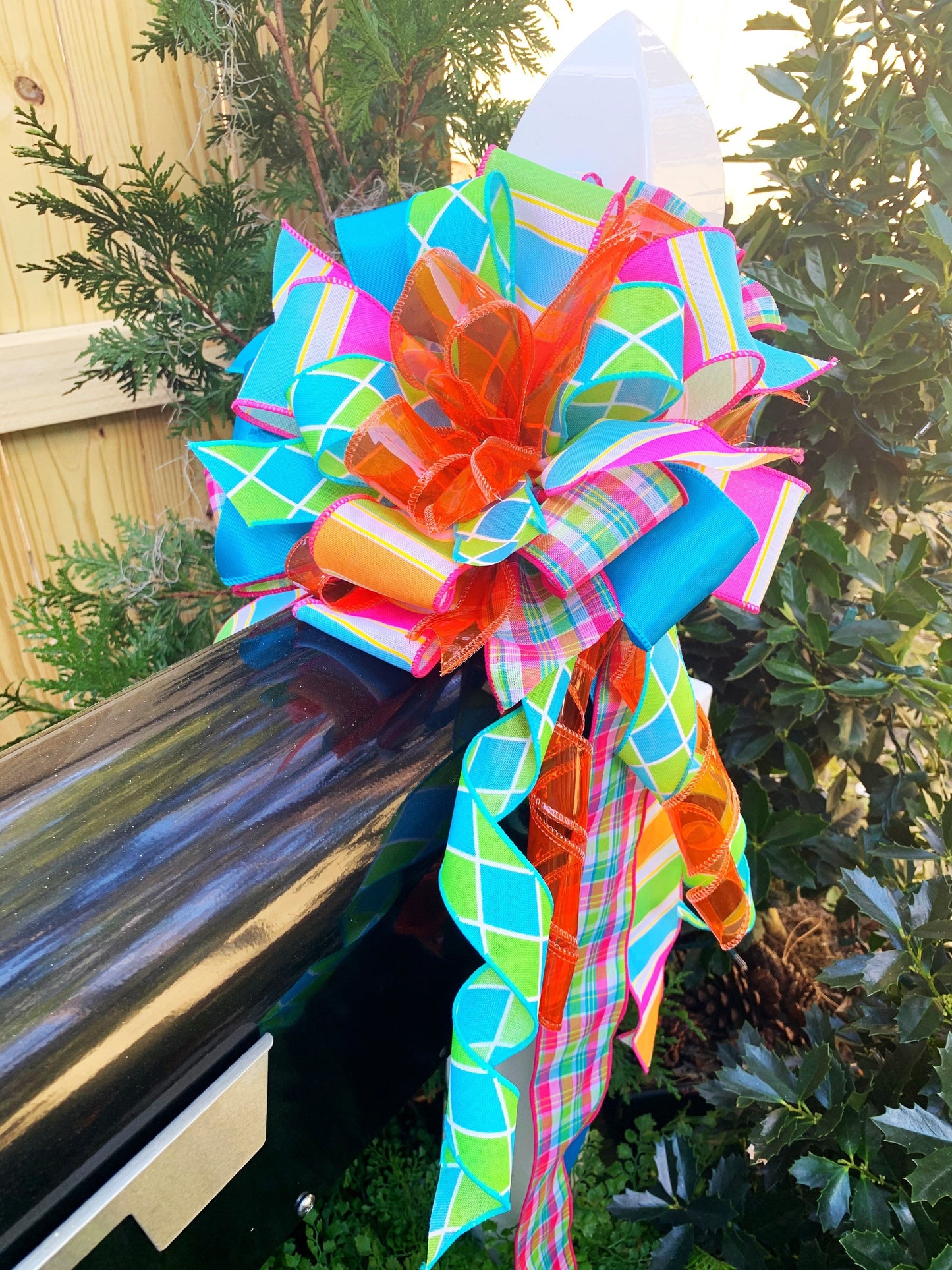 Bright Blue, Orange, and Purple Bow with Multiple Patterns. Perfect for Mailbox, Door, and Wreath.