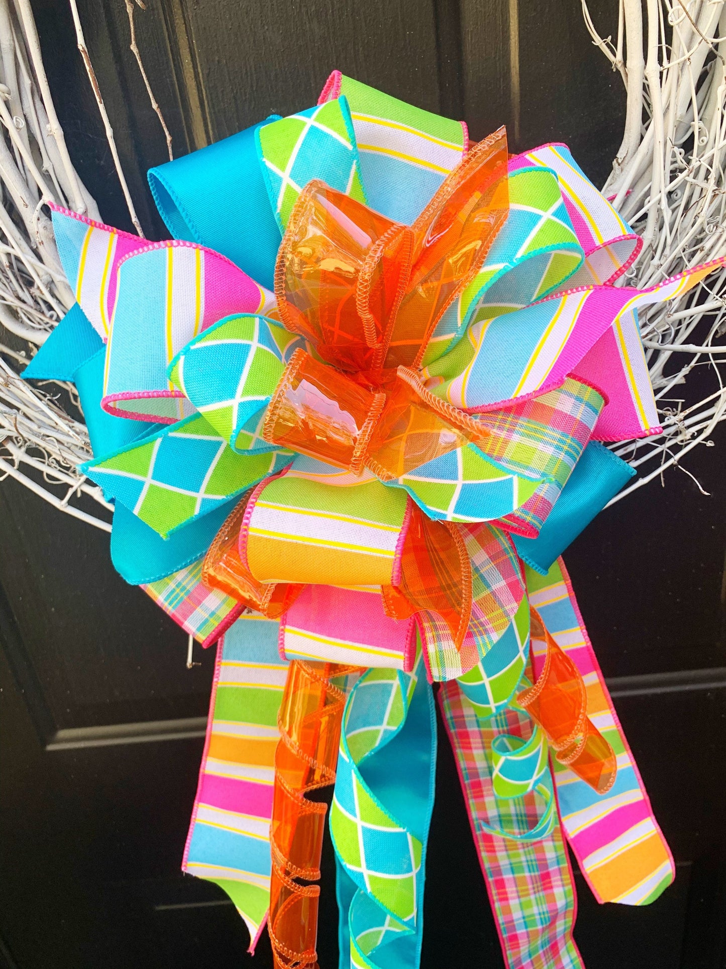 Bright Blue, Orange, and Purple Bow with Multiple Patterns. Perfect for Mailbox, Door, and Wreath.