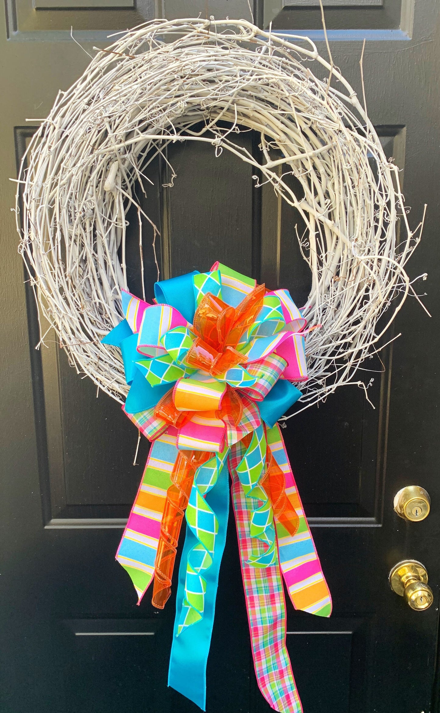 Bright Blue, Orange, and Purple Bow with Multiple Patterns. Perfect for Mailbox, Door, and Wreath.