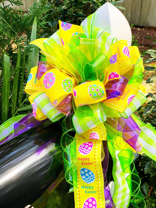 Easter Bow in Yellow and Light Green, Featuring Easter Eggs and Jelly Ribbon. Perfect for Mailbox, Door, and Wreath.