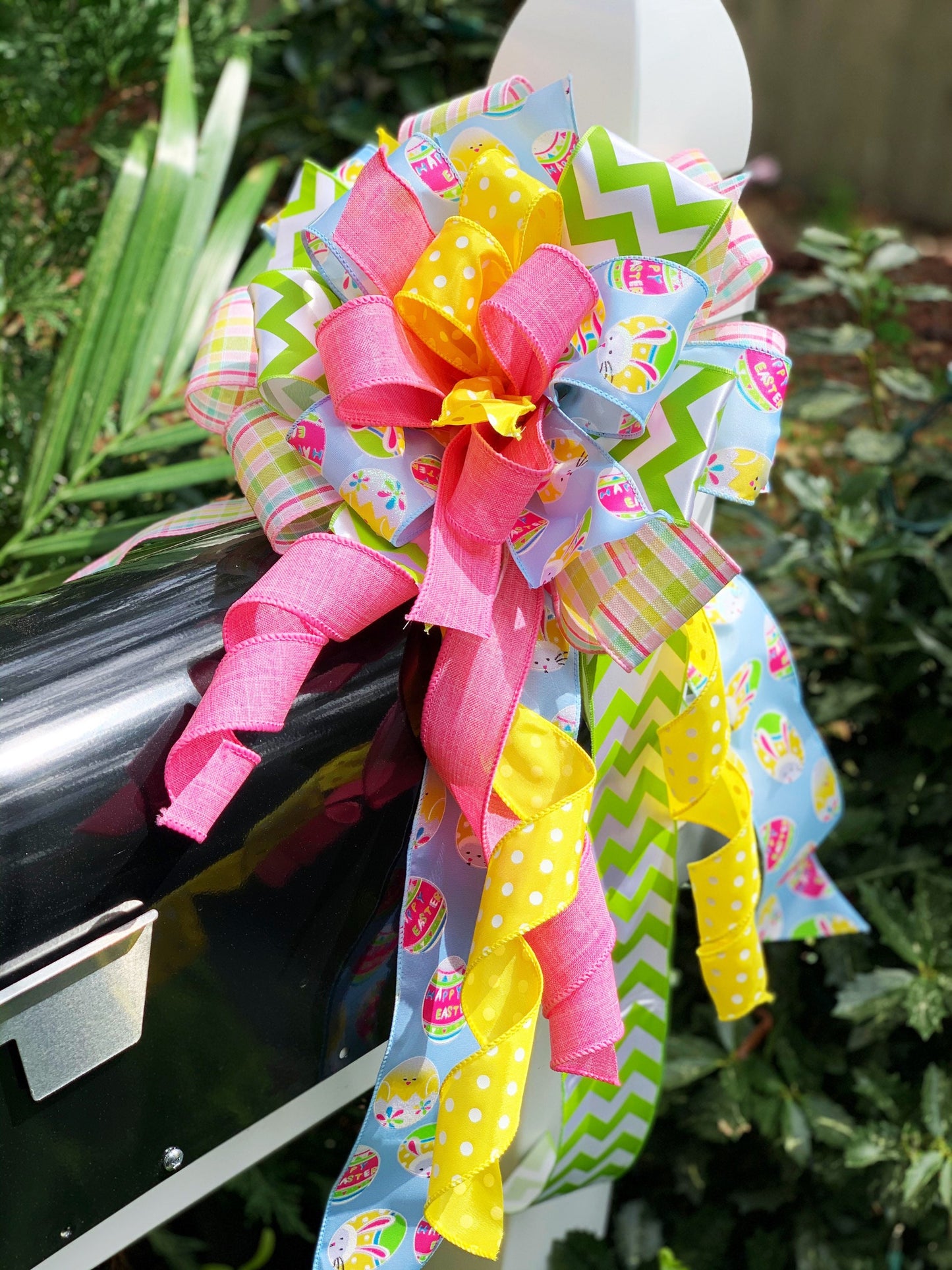Easter Bow in Pastel Pink, Blue, and Green Featuring Easter Bunny & Egg Ribbon. Perfect for Mailbox, Door, and Wreath.