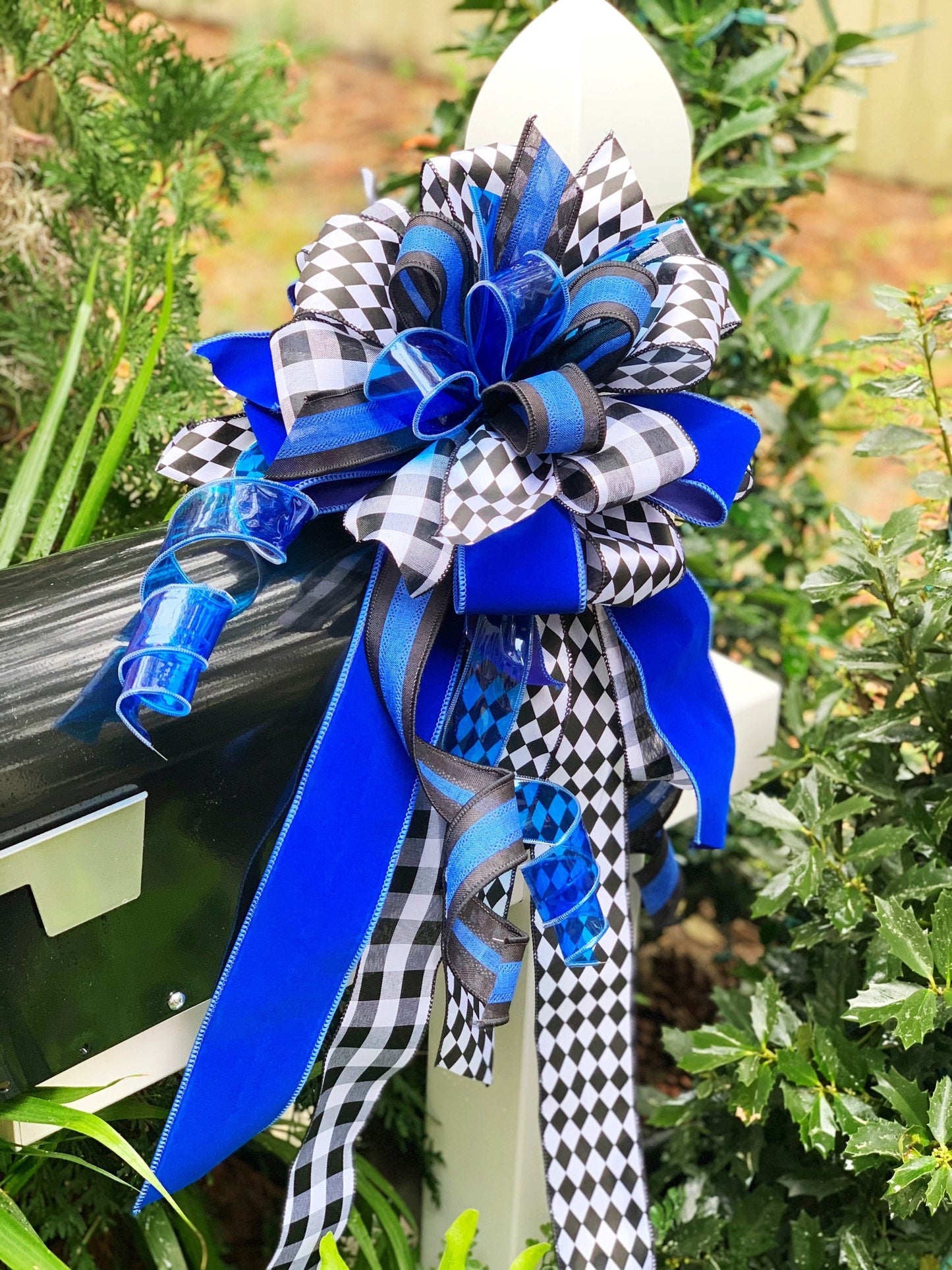 Back the Blue Bow in Blue White and Black with Multiple Patterns. Perfect for Mailbox, Door, and Wreath.