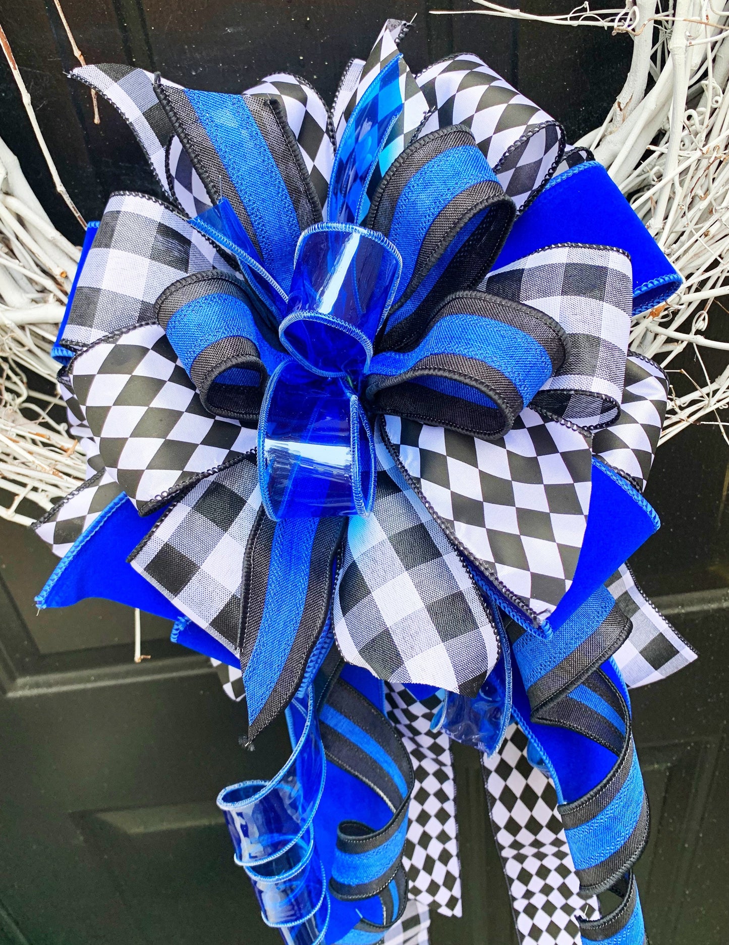 Back the Blue Bow in Blue White and Black with Multiple Patterns. Perfect for Mailbox, Door, and Wreath.