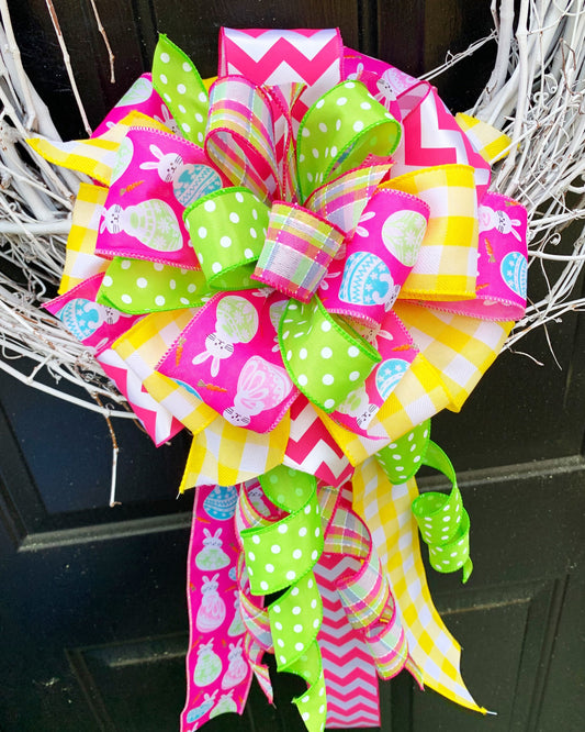 Easter Bow in Light Yellow, Pink, and Green in Multipattern, Featuring Bunnies. Perfect for Mailbox, Door, and Wreath.
